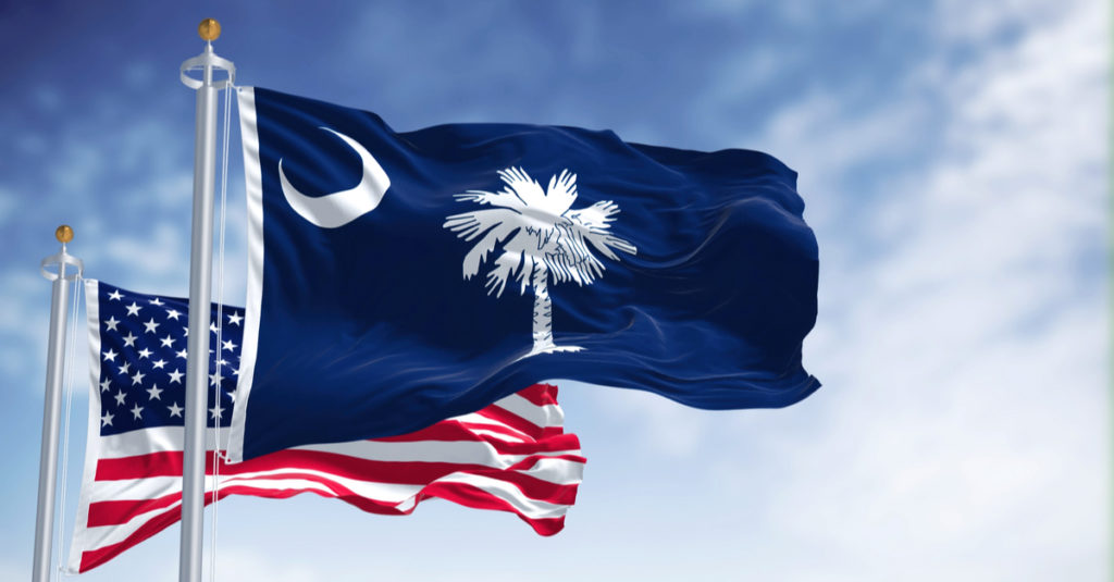 American flag and South Carolina state flag together for palmetto state and lowcountry pride imagery