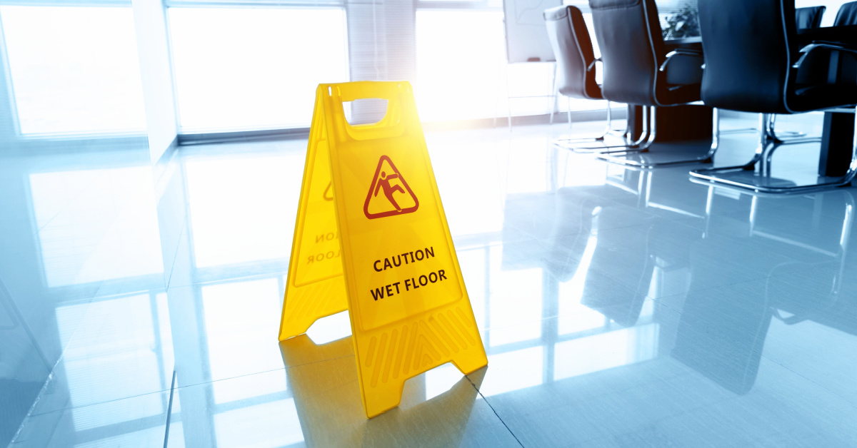slip and fall, wet floor sign on business office