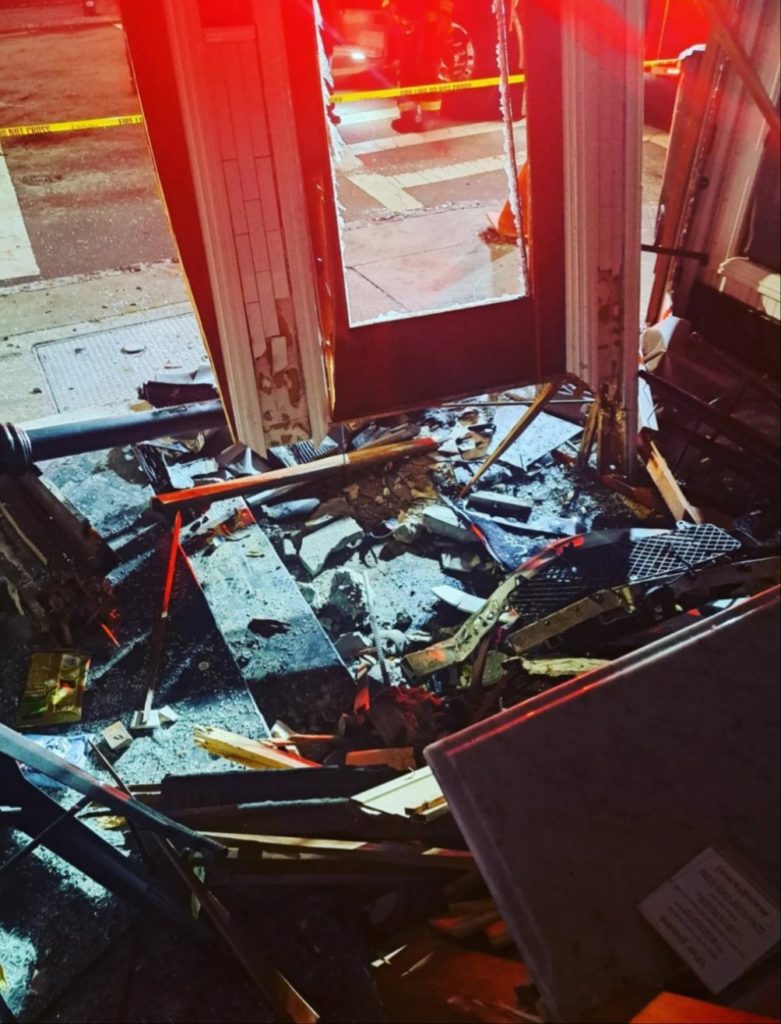 damages after Maserati crashes into The Pass sandwich shop in downtown Charleston, SC